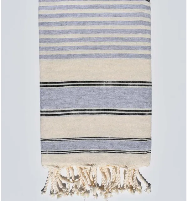 Serviette de plage ziwane blanc crème, noir et gris Fouta Tunisia - 1