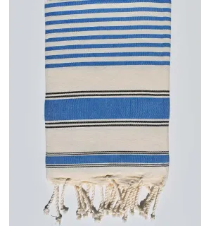 Serviette de plage ziwane blanc crème, noir et bleu Fouta Tunisia - 1