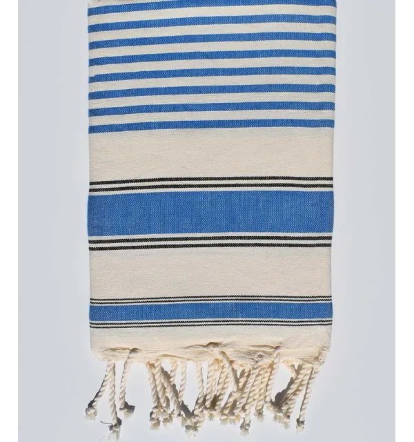 Serviette de plage ziwane blanc crème, noir et bleu Fouta Tunisia - 1