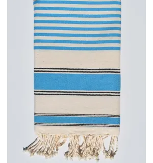 Serviette de plage ziwane blanc crème, noir et bleu céruléen Fouta Tunisia - 1