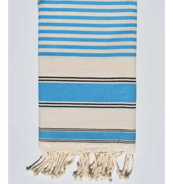 Serviette de plage ziwane blanc crème, noir et bleu céruléen Fouta Tunisia - 1