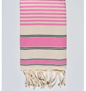 Serviette de plage ziwane blanc crème, noir et rose Fouta Tunisia - 1