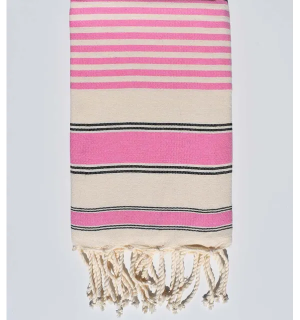 Serviette de plage ziwane blanc crème, noir et rose Fouta Tunisia - 1