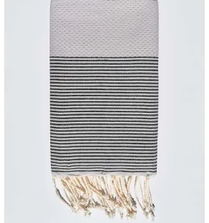 Serviette de plage nid d'abeille tourdille rayée gris noir Fouta Tunisia - 1