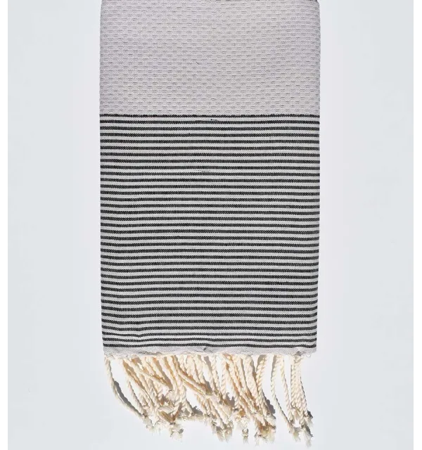 Serviette de plage nid d'abeille tourdille rayée gris noir Fouta Tunisia - 1