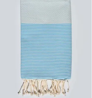 Serviette de plage nid d'abeille azur brume rayée bleu azur clair Fouta Tunisia - 1