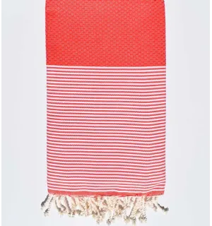 Serviette de plage nid d'abeille rouge clair Fouta Tunisia - 1 2