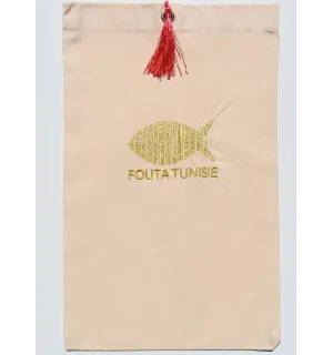 Pochette fouta beige clair brodé ,nœud pompon rose incarnat Fouta Tunisia - 1