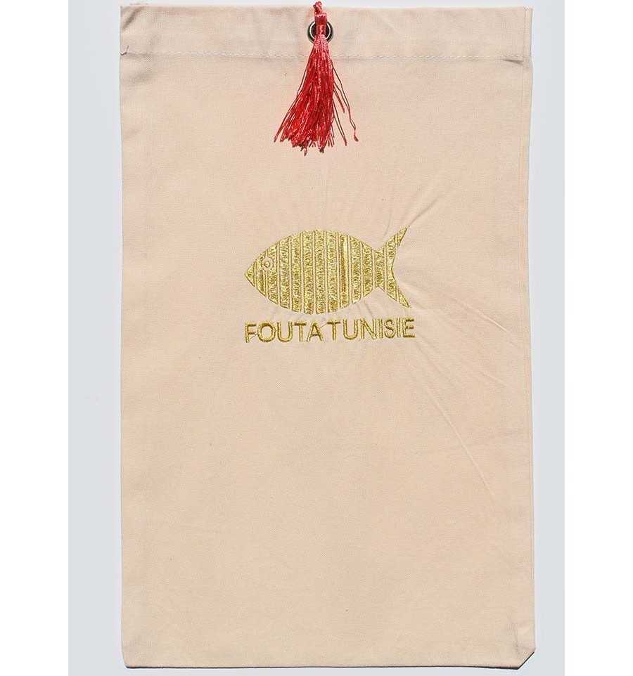 Pochette fouta beige clair brodé ,nœud pompon rose incarnat