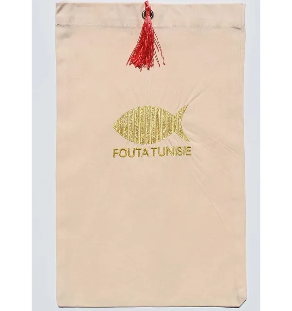 Pochette fouta beige clair brodé ,nœud pompon rose incarnat Fouta Tunisia - 1