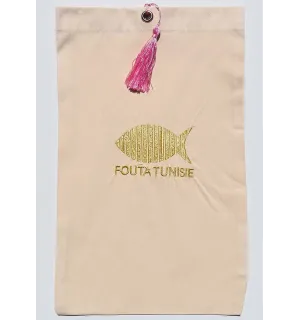Pochette beige clair brodée , nœud pompon rose pastel Fouta Tunisia - 1