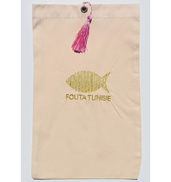 Pochette beige clair brodée , nœud pompon rose pastel Fouta Tunisia - 1