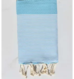 Fouta nid d'abeille bleu maya clair avec rayures Fouta Tunisia - 1