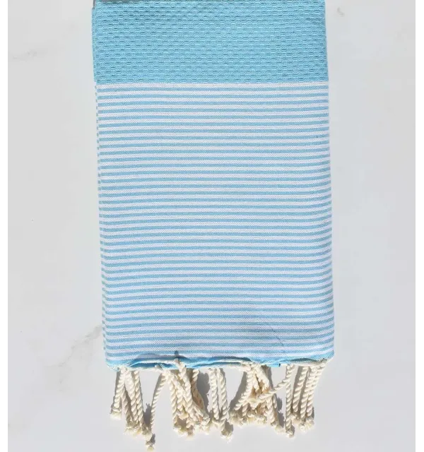 Fouta nid d'abeille bleu maya clair avec rayures Fouta Tunisia - 1