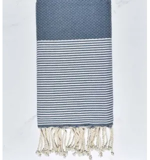 Serviette de plage nid d'abeille bleu pastel foncé Fouta Tunisia - 1