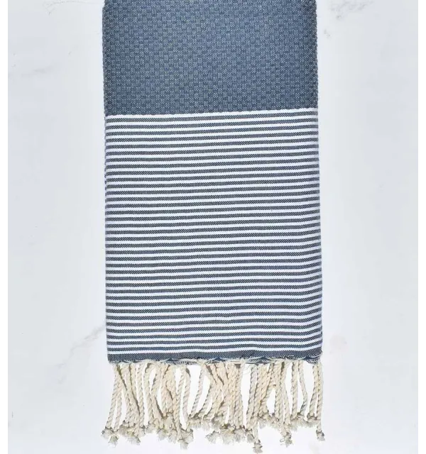 Serviette de plage nid d'abeille bleu pastel foncé Fouta Tunisia - 1