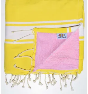 Fouta plate doublée éponge jaune et rose clair Fouta Tunisia - 1