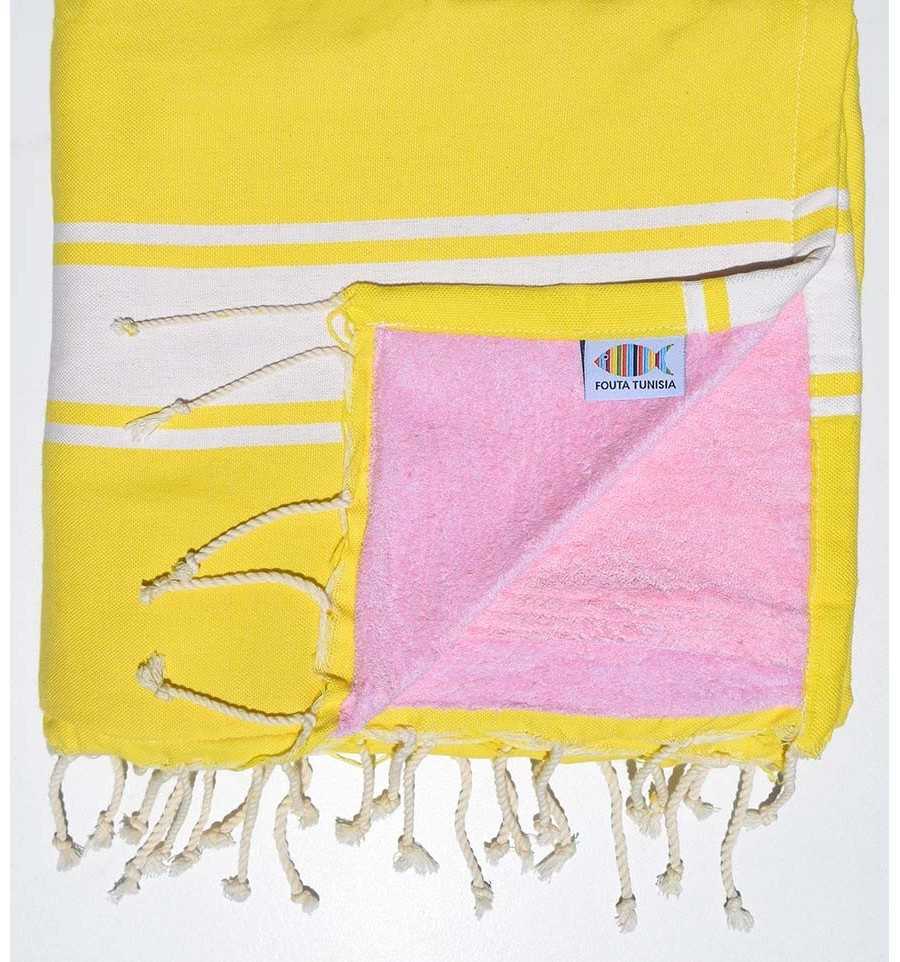 Fouta Plate doublée éponge jaune et rose clair