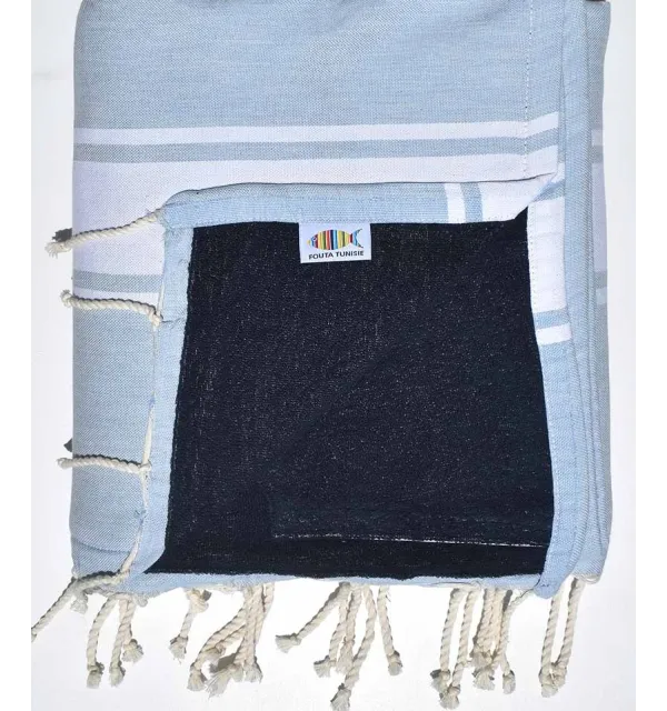 Fouta plate doublée éponge bleu fumée et bleu nuit Fouta Tunisia - 1