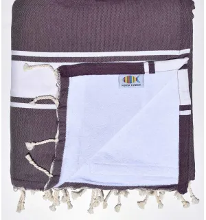 Serviette de plage doublée éponge byzantium et blanc Fouta Tunisia - 1