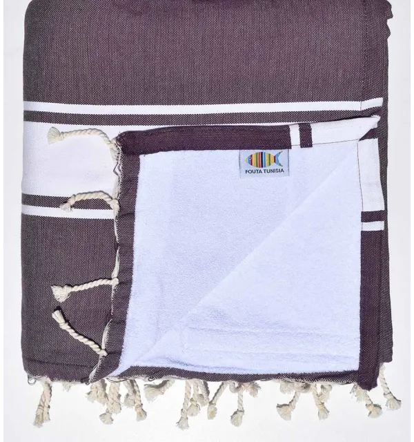 Serviette de plage doublée éponge byzantium et blanc Fouta Tunisia - 1