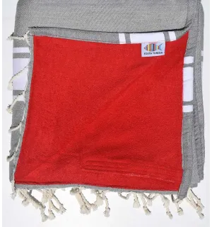 Fouta doublée éponge gris et rouge  - 1