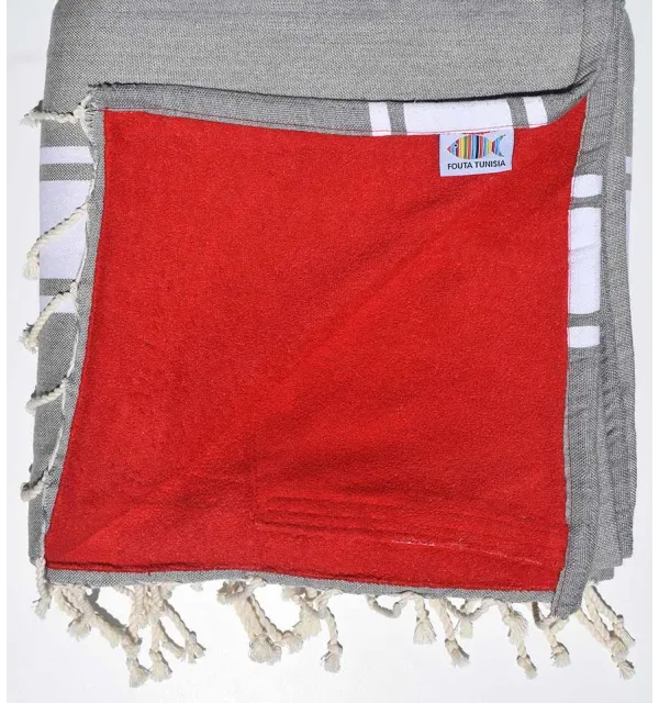 Fouta doublée éponge gris et rouge - 1