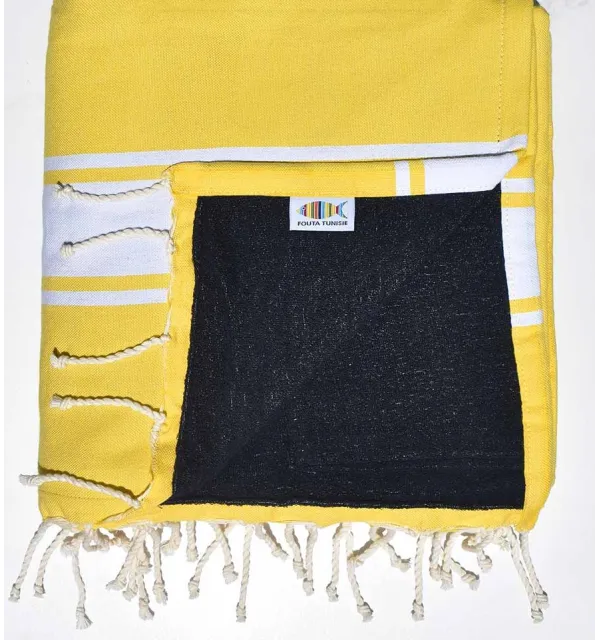 Fouta plate doublée éponge jaune et bleu nuit - 1