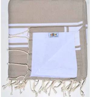 Serviette de plage doublée éponge beige foncé et blanc Fouta Tunisia - 1