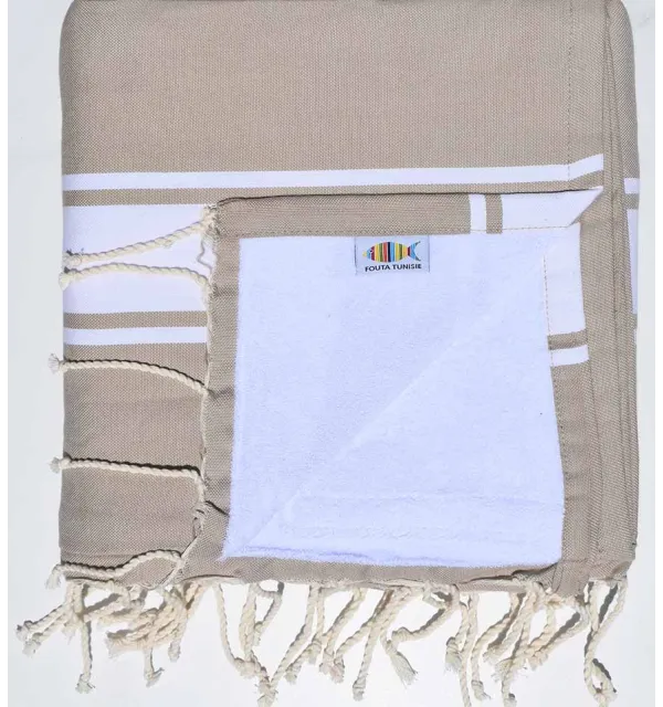 Serviette de plage doublée éponge beige foncé et blanc Fouta Tunisia - 1