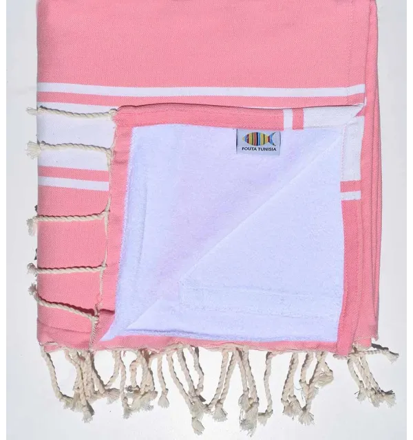 Serviette de plage doublée éponge rose et blanc - 1