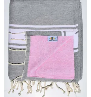 Fouta doublée éponge gris et rose Fouta Tunisia - 1