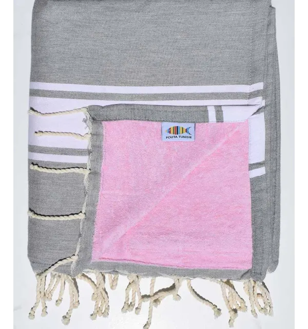 Fouta doublée éponge gris et rose Fouta Tunisia - 1