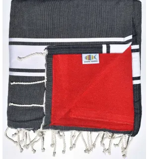 Serviette de plage doublée éponge bleu foncé et rouge Fouta Tunisia - 1