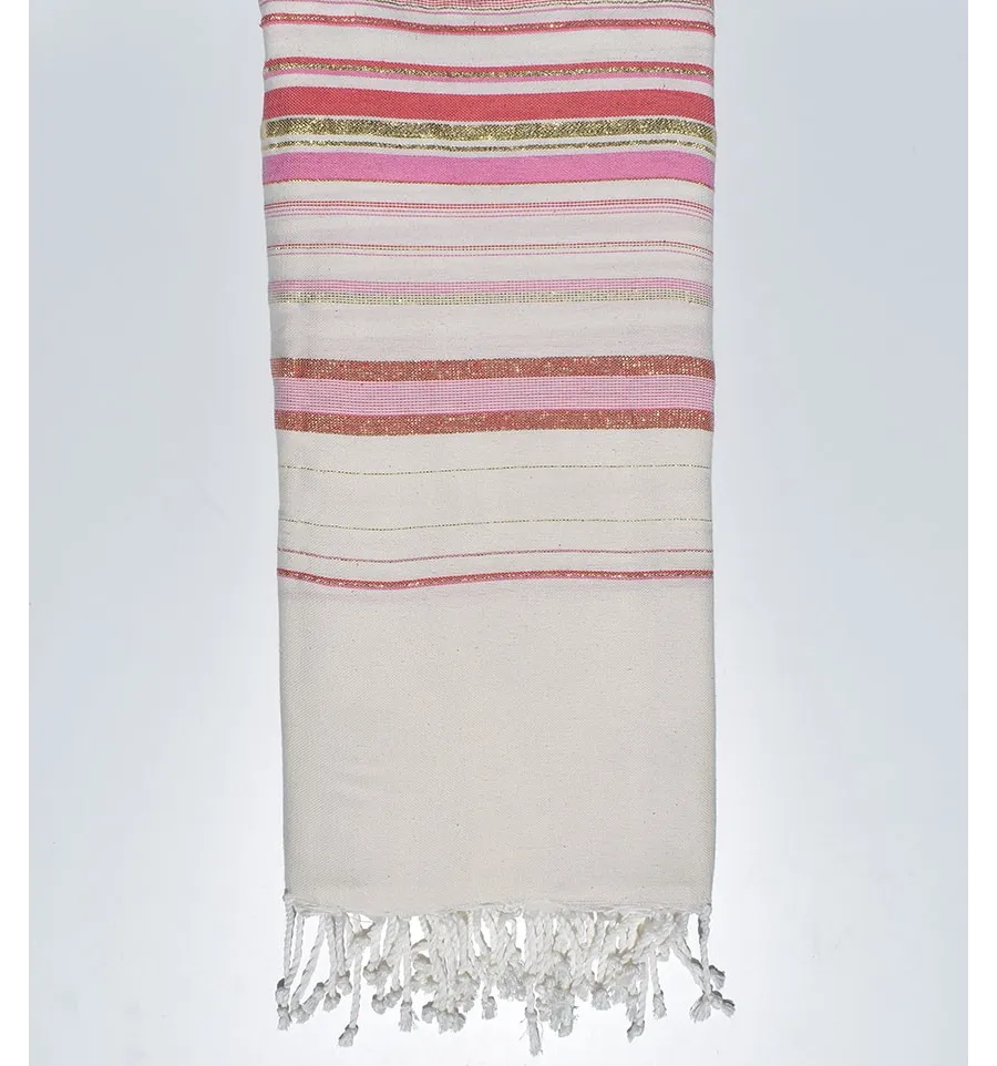 Jeté fadhila blanc crème clair et rose incarnat Fouta Tunisia - 2