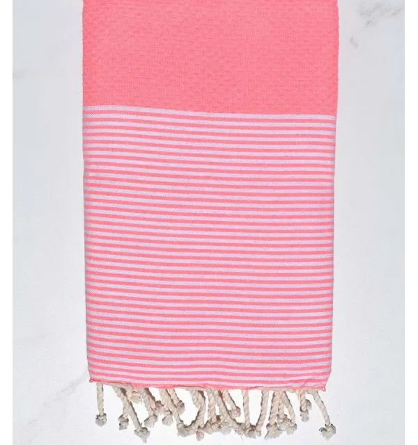 Serviette de plage nid d'abeille rose fluo Fouta Tunisia - 1