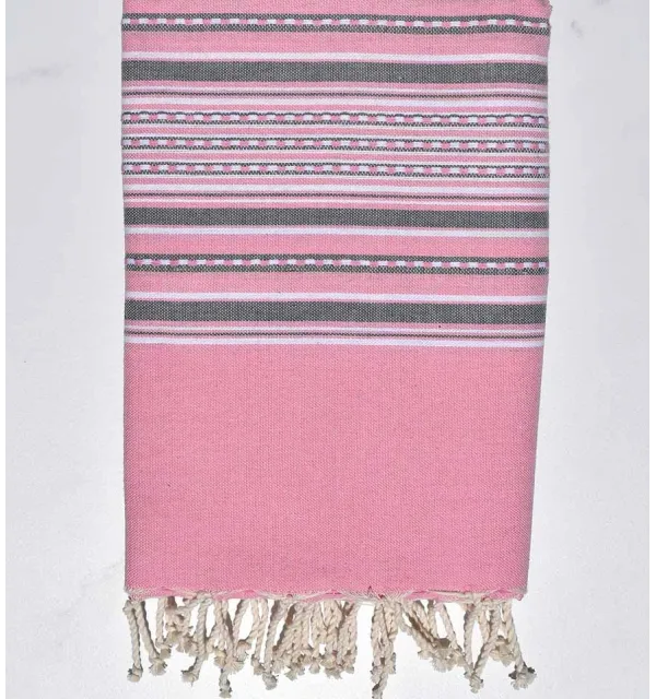 Serviette de plage arabesque rose clair et gris Fouta Tunisia - 1