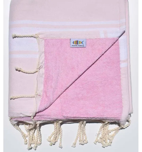 Serviette de plage doublée éponge rose très clair Fouta Tunisia - 1