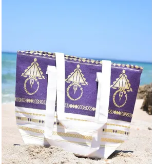 Sac de plage khlela blanc crème et violet Fouta Tunisia - 1
