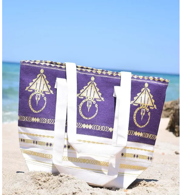 Sac de plage khlela blanc crème et violet Fouta Tunisia - 1