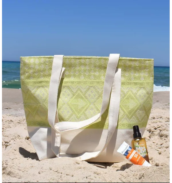 Sac de plage khlela blanc crème et vert clair Fouta Tunisia - 1