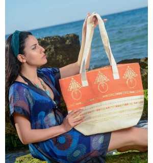 Sac de plage khlela blanc crème et orange Fouta Tunisia - 1 2