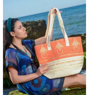 Sac de plage khlela blanc crème et orange Fouta Tunisia - 1 2