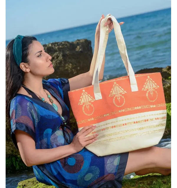 Sac de plage khlela blanc crème et orange Fouta Tunisia - 2