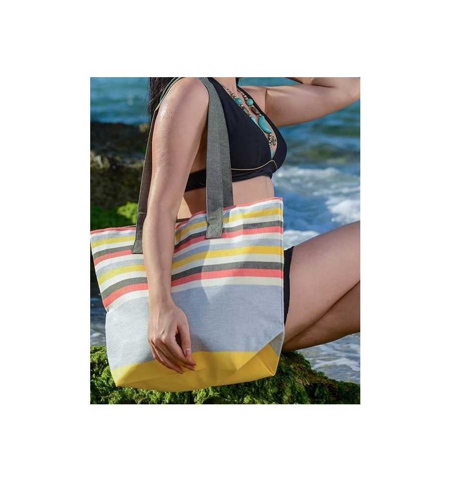 Sac de plage jaune, gris, rouge corail, blanc crème et vert foncé