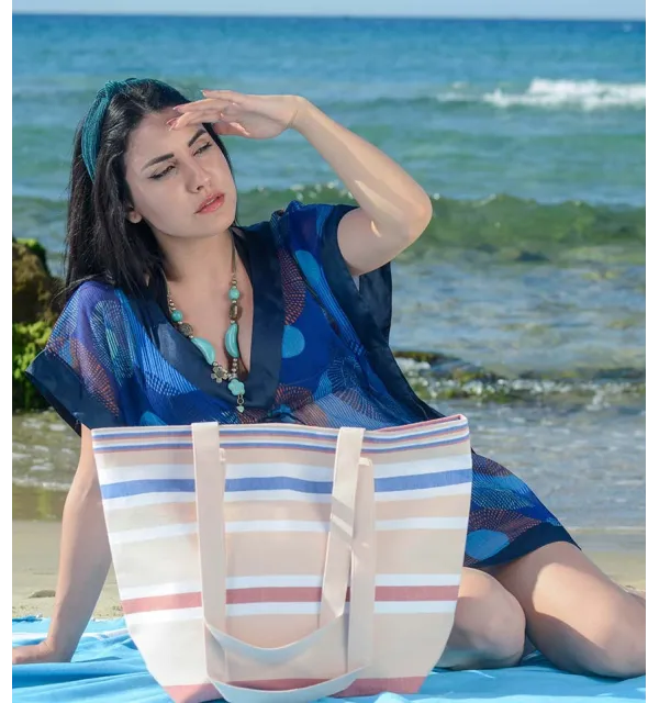 Sac de plage chair, blanc, rouge carmin et bleu Fouta Tunisia - 2