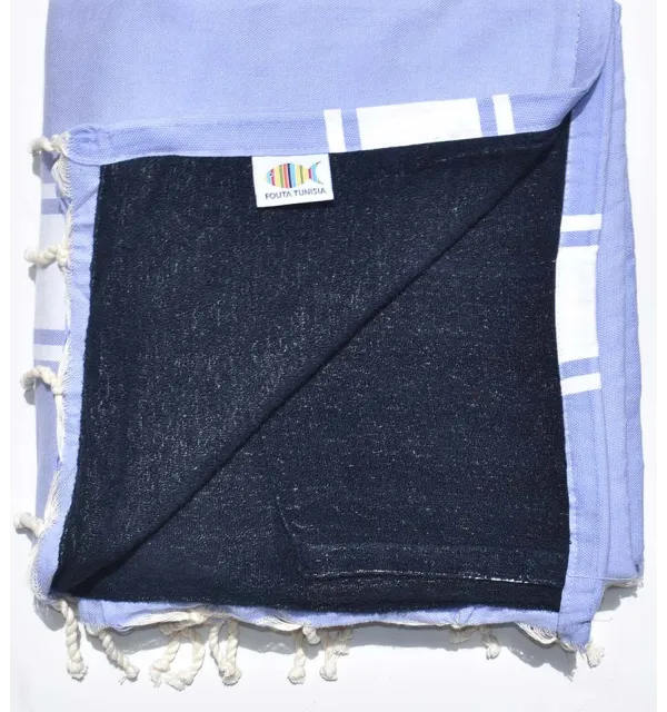 Serviette de plage doublée éponge lavande et bleu nuit Fouta Tunisia - 1