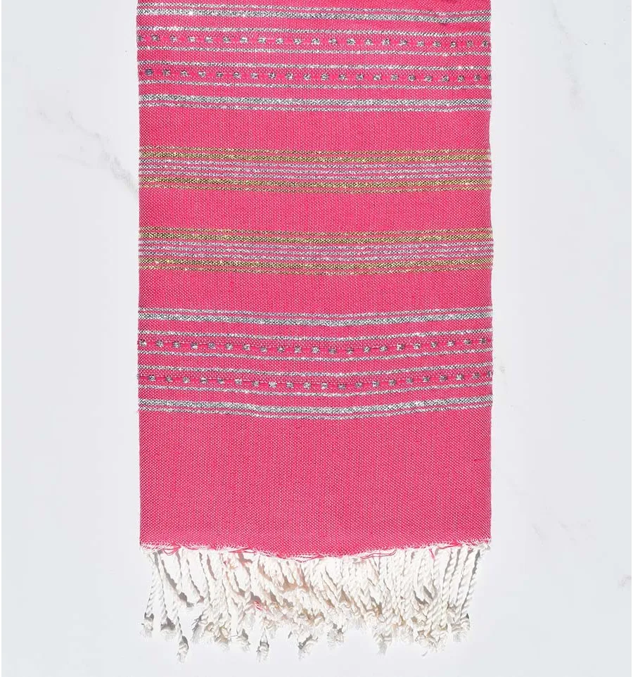 Serviette de plage rose fushia avec lurex argent et doré Fouta Tunisia - 1