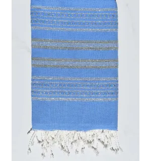 Serviette de plage plate bleu avec lurex argent et doré Fouta Tunisia - 1