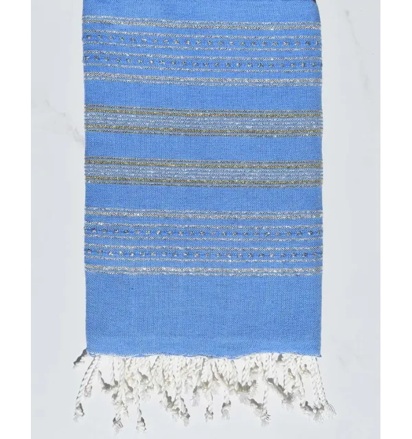 Serviette de plage plate bleu avec lurex argent et doré Fouta Tunisia - 1